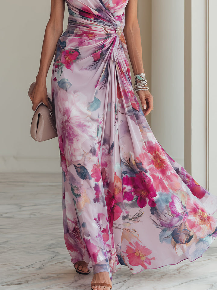 Elegant Floral Wrap Maxi Dress with V Neck Ruched Waist Formal Wedding Guest Style