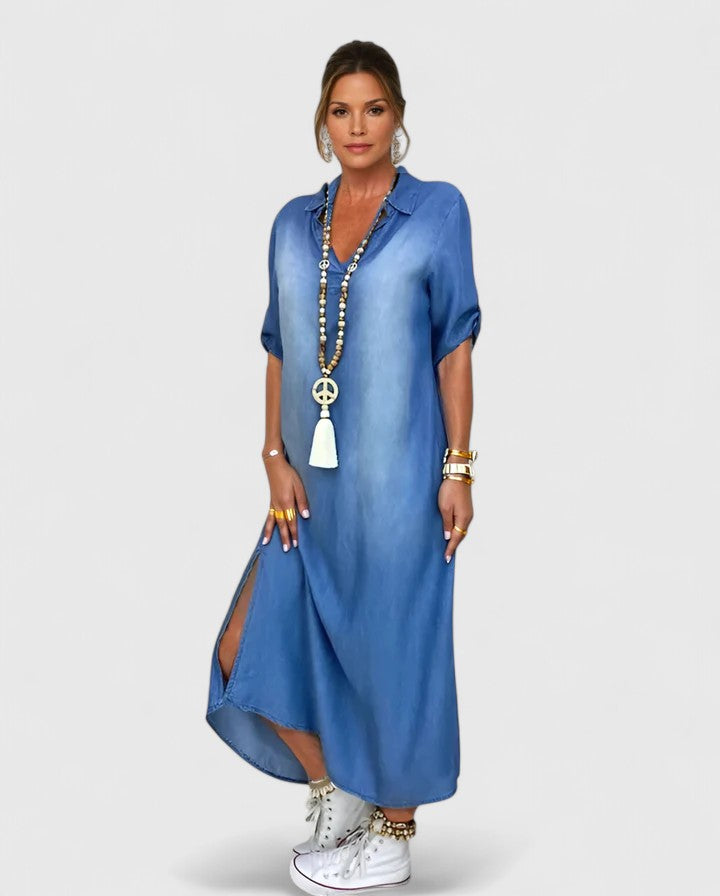 Effortless Blue Denim Maxi Dress for Women with Collar Elbow Sleeve Side Slit Casual Style
