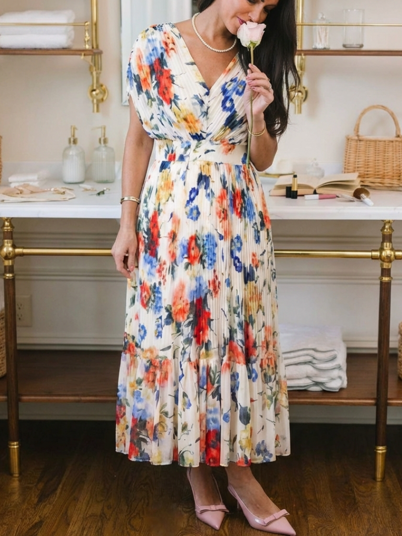 Elegant Ivory Floral Pleated Fall Wedding Guest Dress with V Neck Tiered Ruffle Flowing