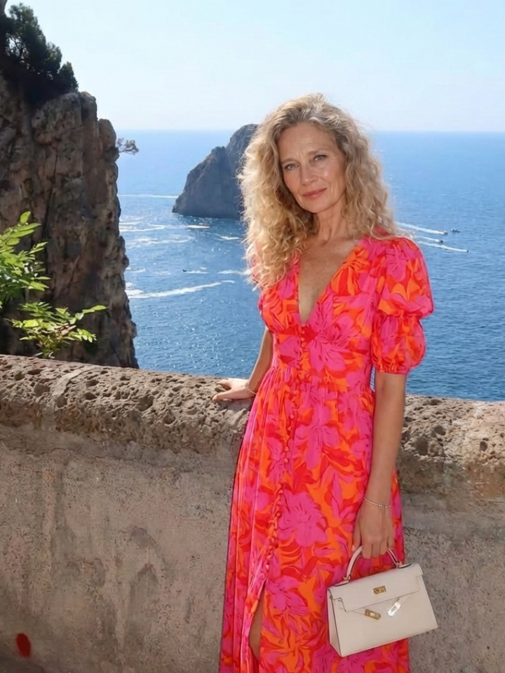 Elegant Pink Orange Floral Fall Wedding Guest Dress with V Neck Puff Sleeve Button Front