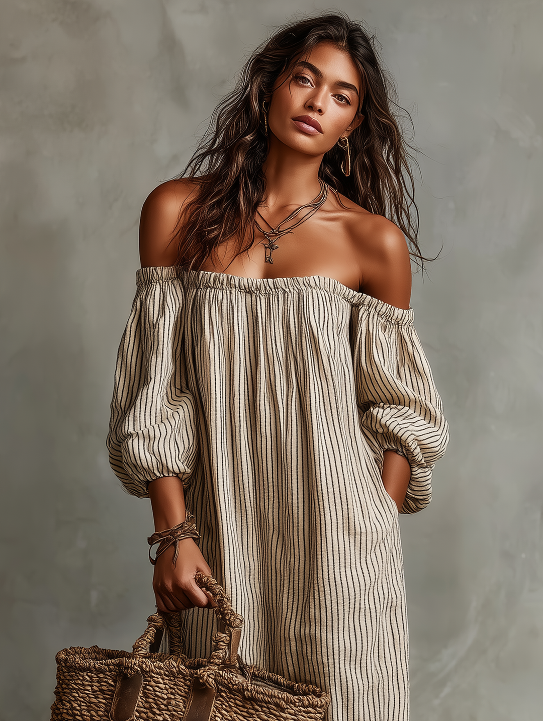 Effortless Striped Linen Maxi Dress with Off Shoulder Puff Sleeve Flowing Casual Summer