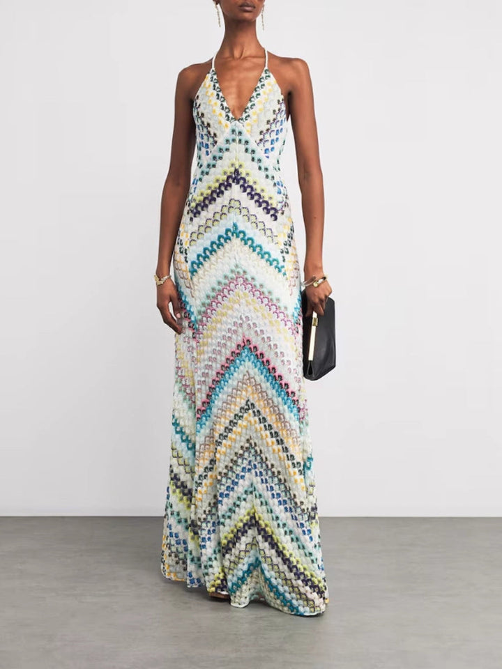 Effortless Maxi Dress for Women with Chevron Crochet Print Open Back Spaghetti Straps