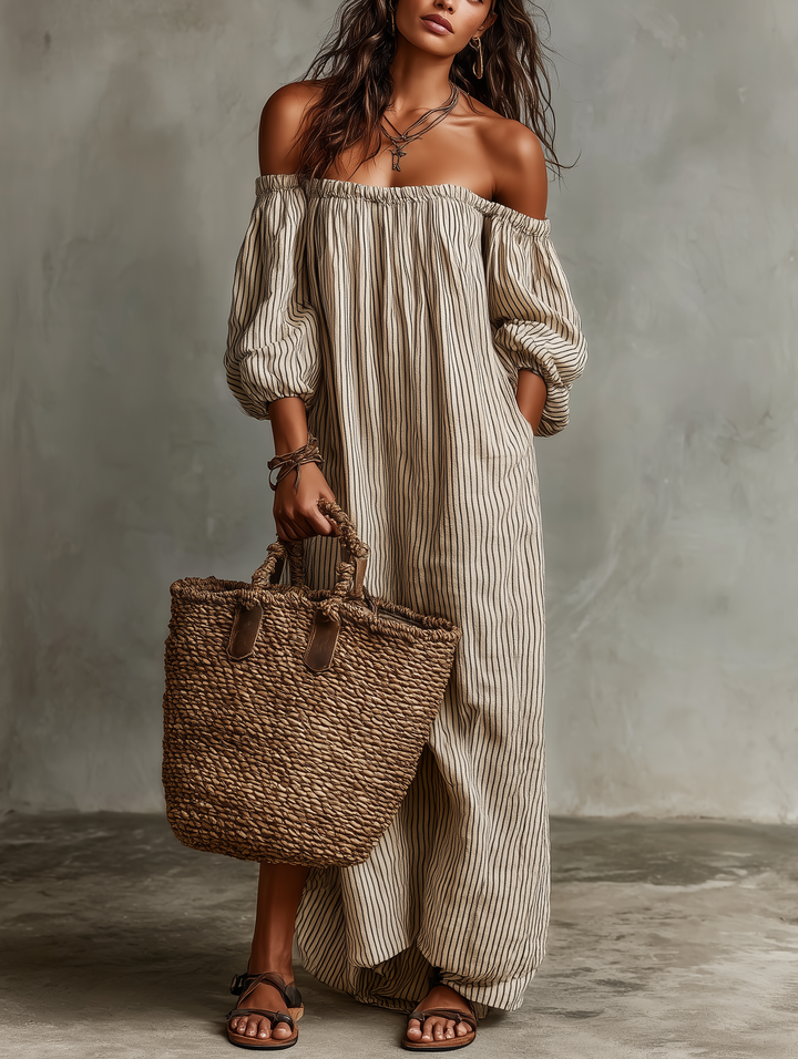 Effortless Striped Linen Maxi Dress with Off Shoulder Puff Sleeve Flowing Casual Summer