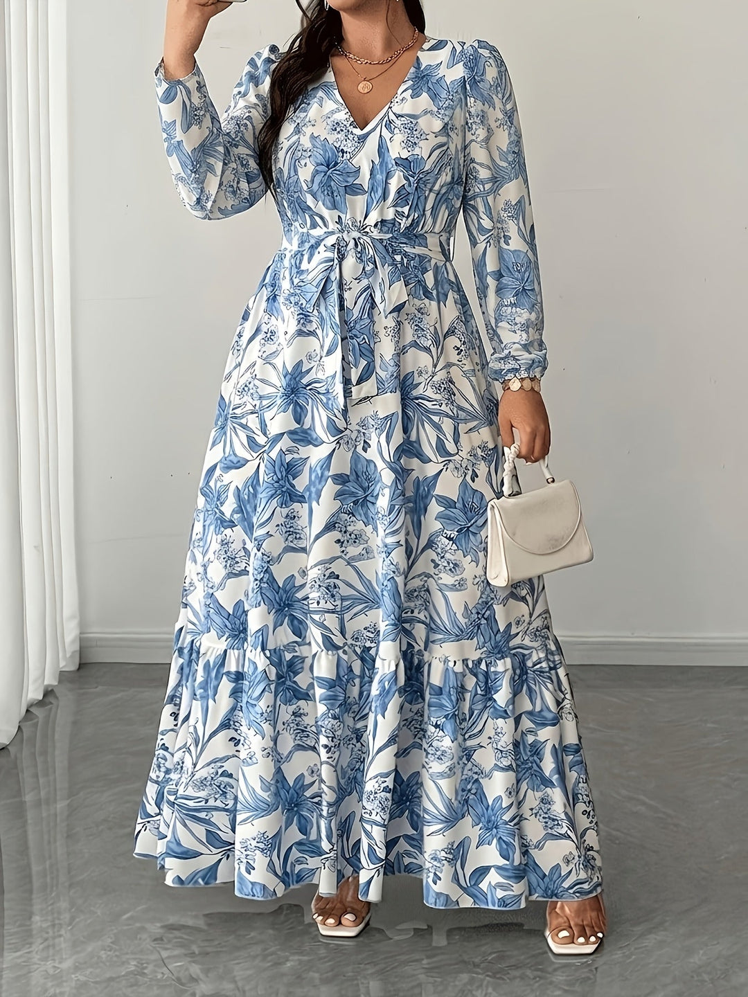 Elegant Floral Long Sleeve Maxi Dress for Women with V Neck Wrap Tie Waist Ruffle Hem Bohemian Style