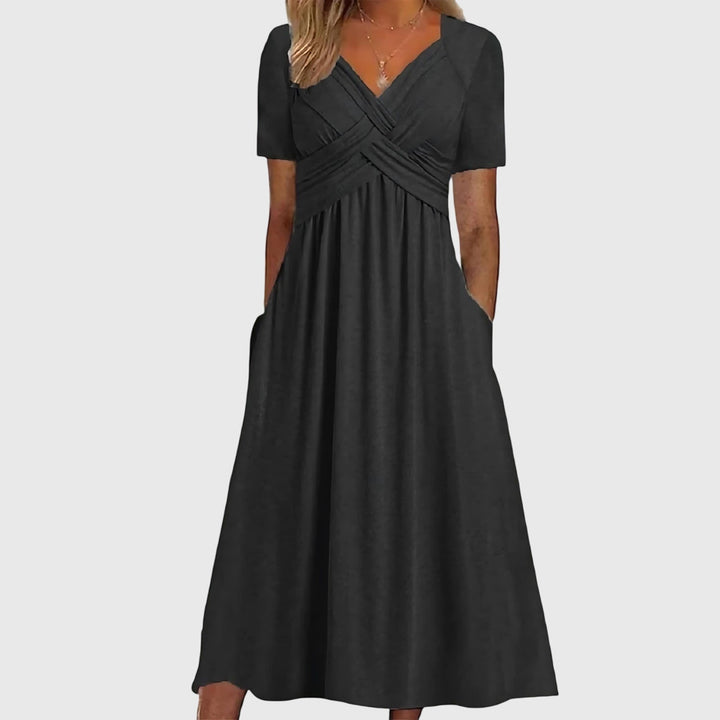 Comfortable Maxi Dress for Women with Surplice V Neck Short Sleeve Side Pockets Casual Style