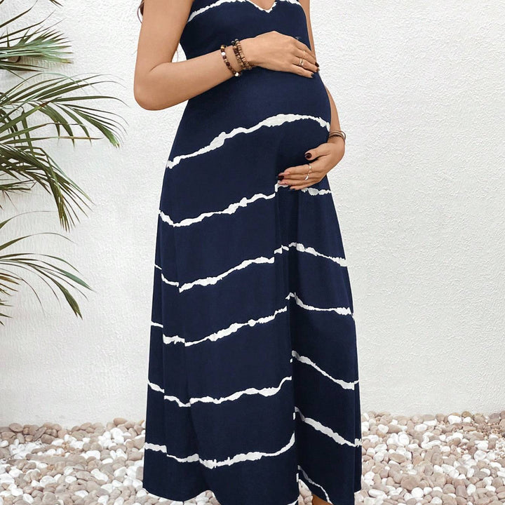 Elegant Navy Tie Dye Maternity Maxi Dress with V Neck Spaghetti Strap Flowing Bohemian