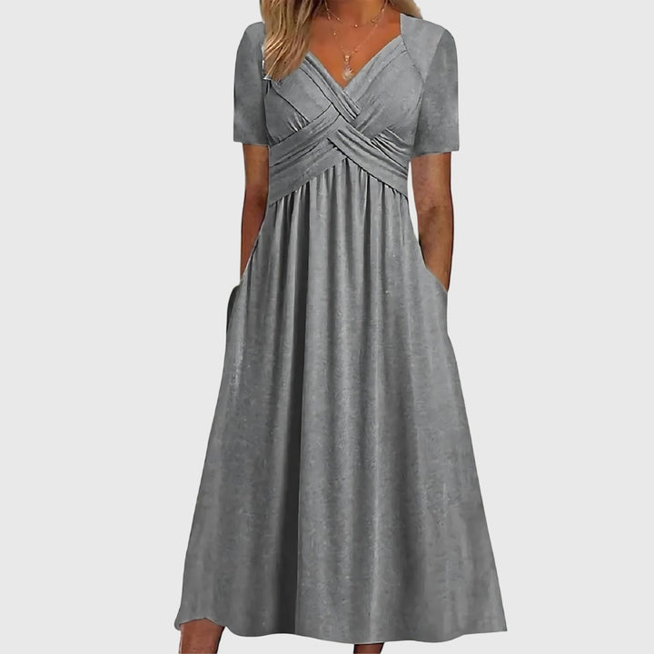 Comfortable Maxi Dress for Women with Surplice V Neck Short Sleeve Side Pockets Casual Style