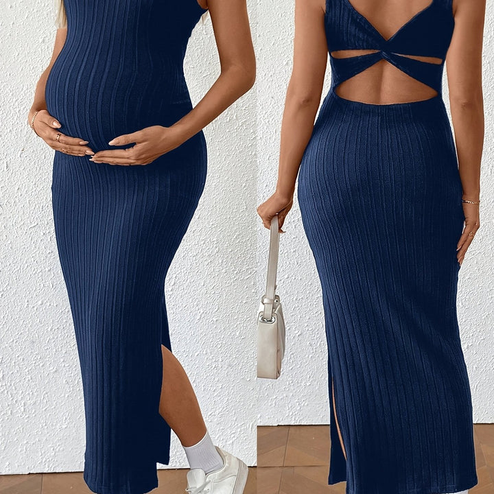 Elegant Ribbed Knit Maternity Maxi Dress with Square Neck Crisscross Back Bodycon