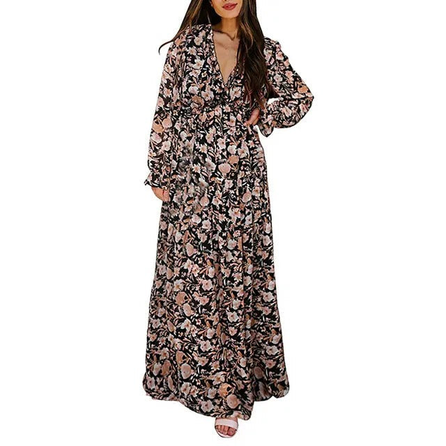 Elegant Floral Autumn Wedding Guest Dress with Wrap V Neck Flutter Sleeve Tiered Maxi