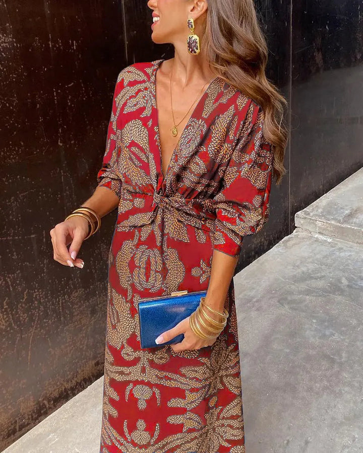 Elegant Red Floral Print Maxi Dress for Women with Deep V-Neck Twist Waist Batwing Sleeve Wrap Style