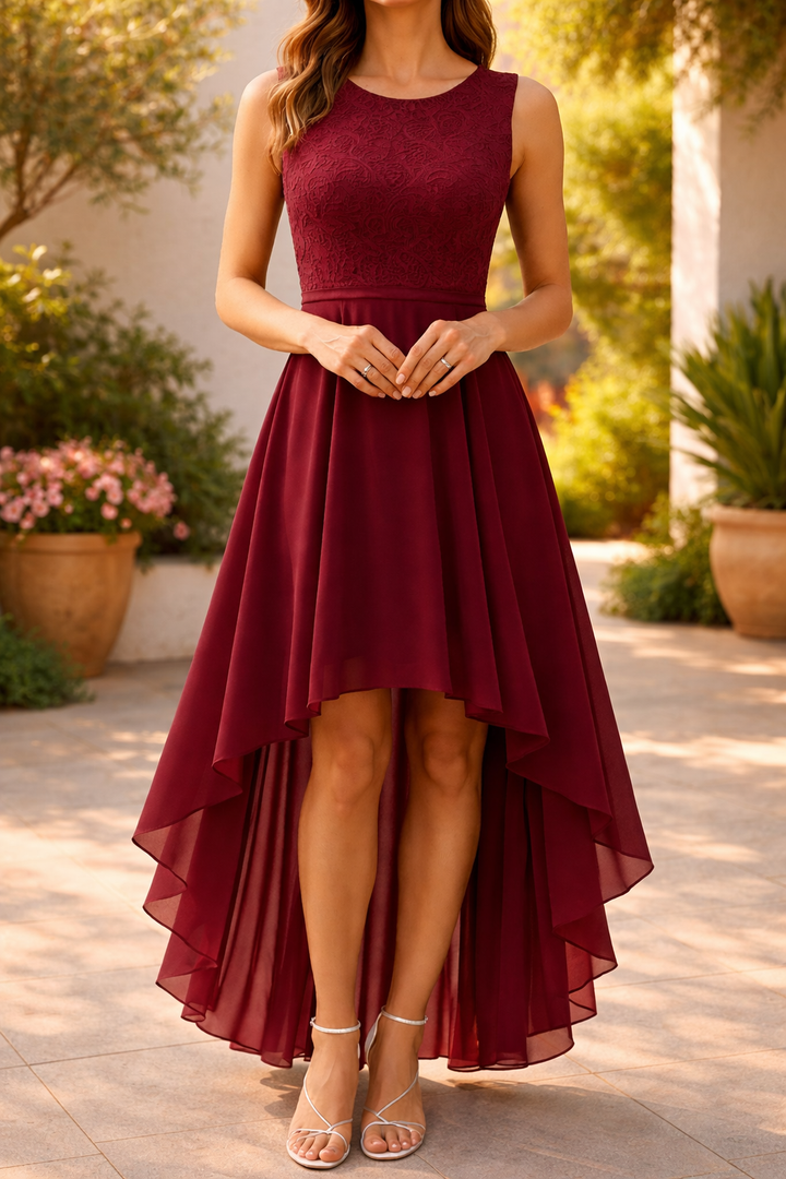 Elegant Burgundy Lace Autumn Wedding Guest Dress with Round Neck High Low Fit and Flare