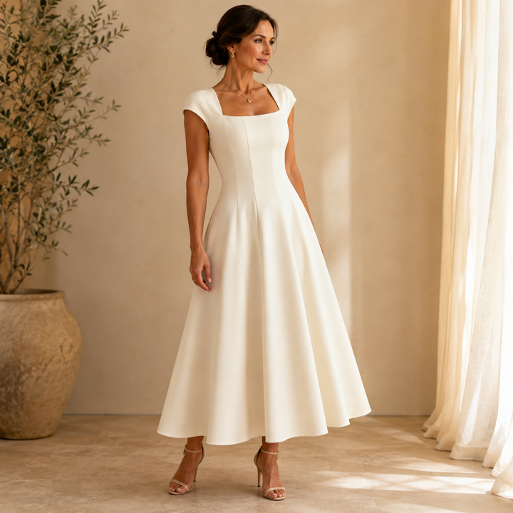 Elegant Satin Midi Dress with Square Neck Cap Sleeve Fit and Flare Fall Wedding Guest