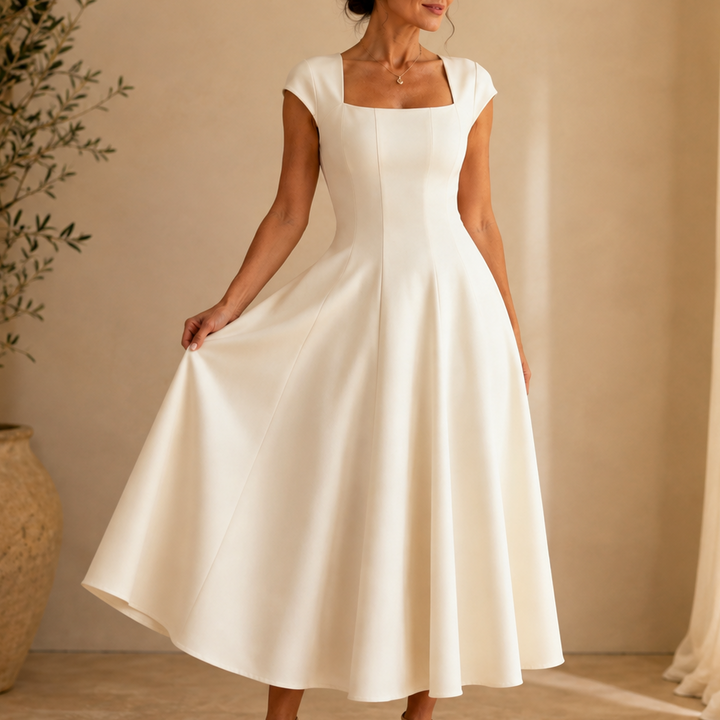 Elegant Satin Midi Dress with Square Neck Cap Sleeve Fit and Flare Fall Wedding Guest