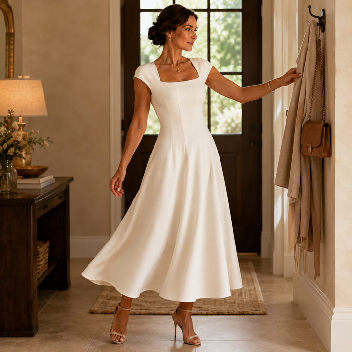 Elegant Satin Midi Dress with Square Neck Cap Sleeve Fit and Flare Fall Wedding Guest