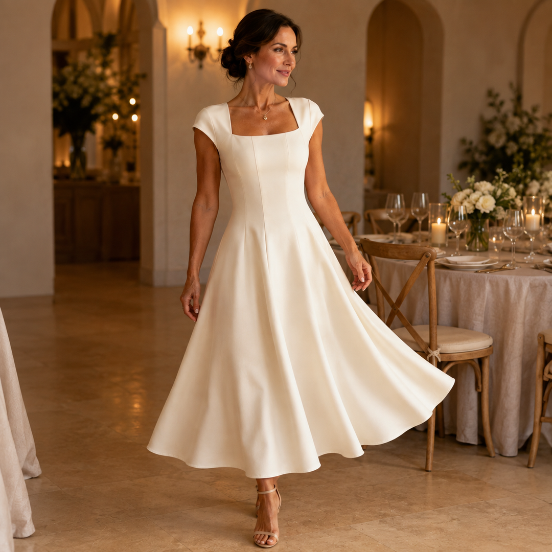 Elegant Satin Midi Dress with Square Neck Cap Sleeve Fit and Flare Fall Wedding Guest