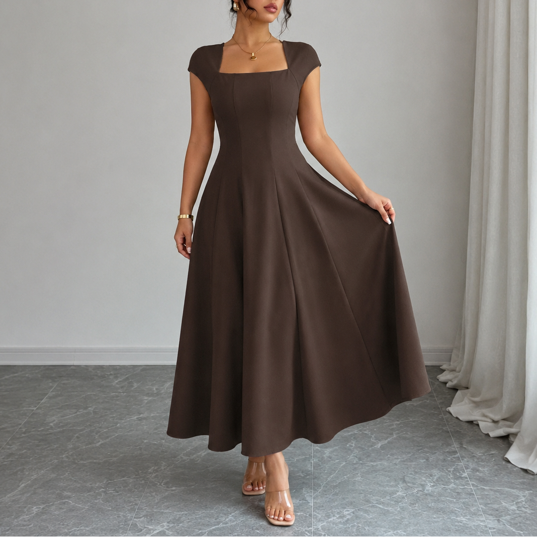 Elegant Satin Midi Dress with Square Neck Cap Sleeve Fit and Flare Fall Wedding Guest