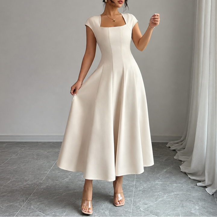 Elegant Satin Midi Dress with Square Neck Cap Sleeve Fit and Flare Fall Wedding Guest