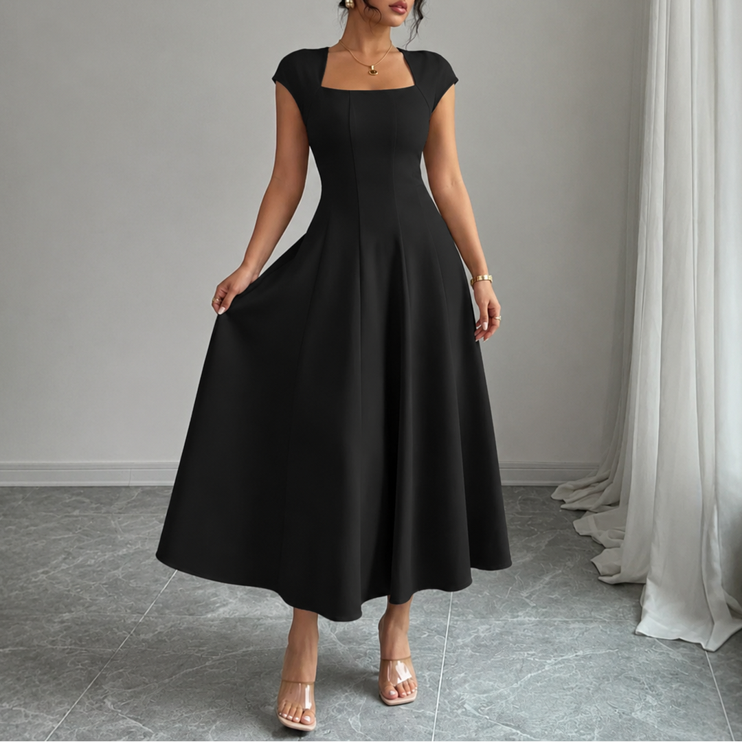 Elegant Satin Midi Dress with Square Neck Cap Sleeve Fit and Flare Fall Wedding Guest