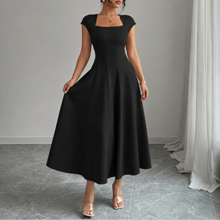Elegant Satin Midi Dress with Square Neck Cap Sleeve Fit and Flare Fall Wedding Guest