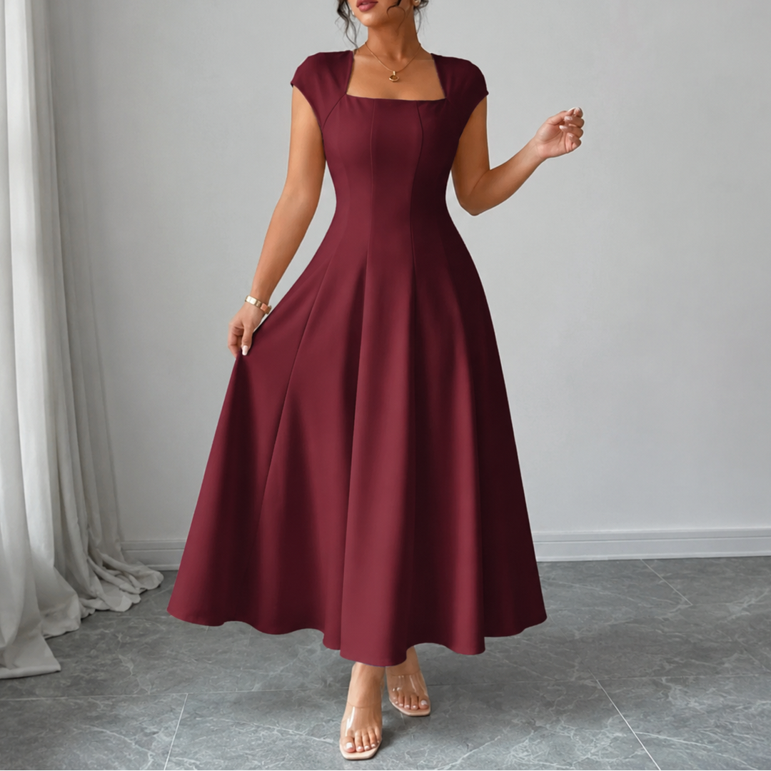 Elegant Satin Midi Dress with Square Neck Cap Sleeve Fit and Flare Fall Wedding Guest