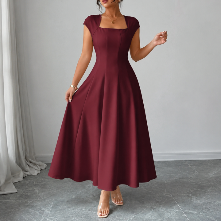 Elegant Satin Midi Dress with Square Neck Cap Sleeve Fit and Flare Fall Wedding Guest