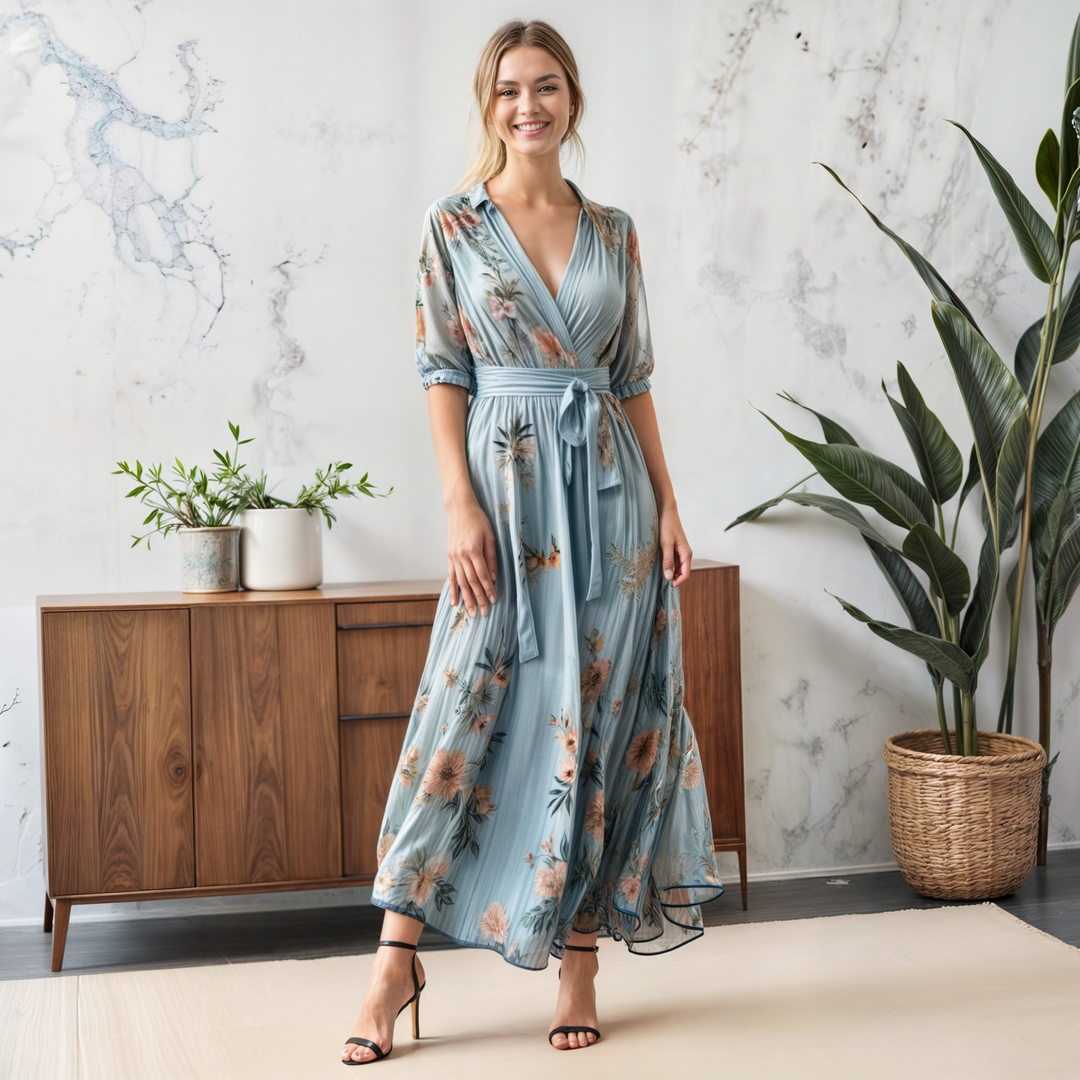Elegant Blue Floral Wrap Maxi Dress with V-Neck Puff Sleeve Tie Waist Wedding Guest