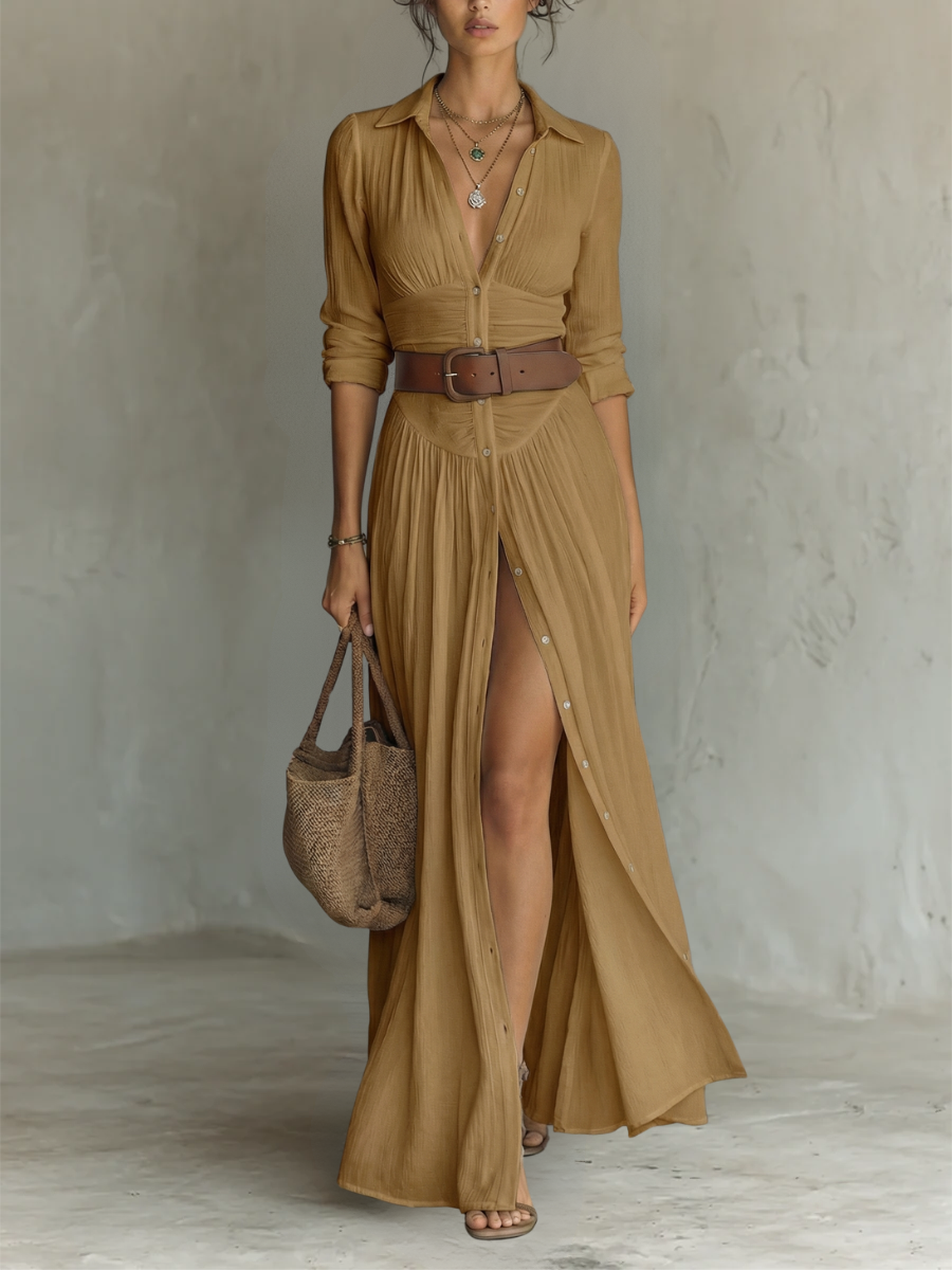 Effortless Brown Maxi Dress with Collared Button Front Long Sleeve Side Slit Bohemian