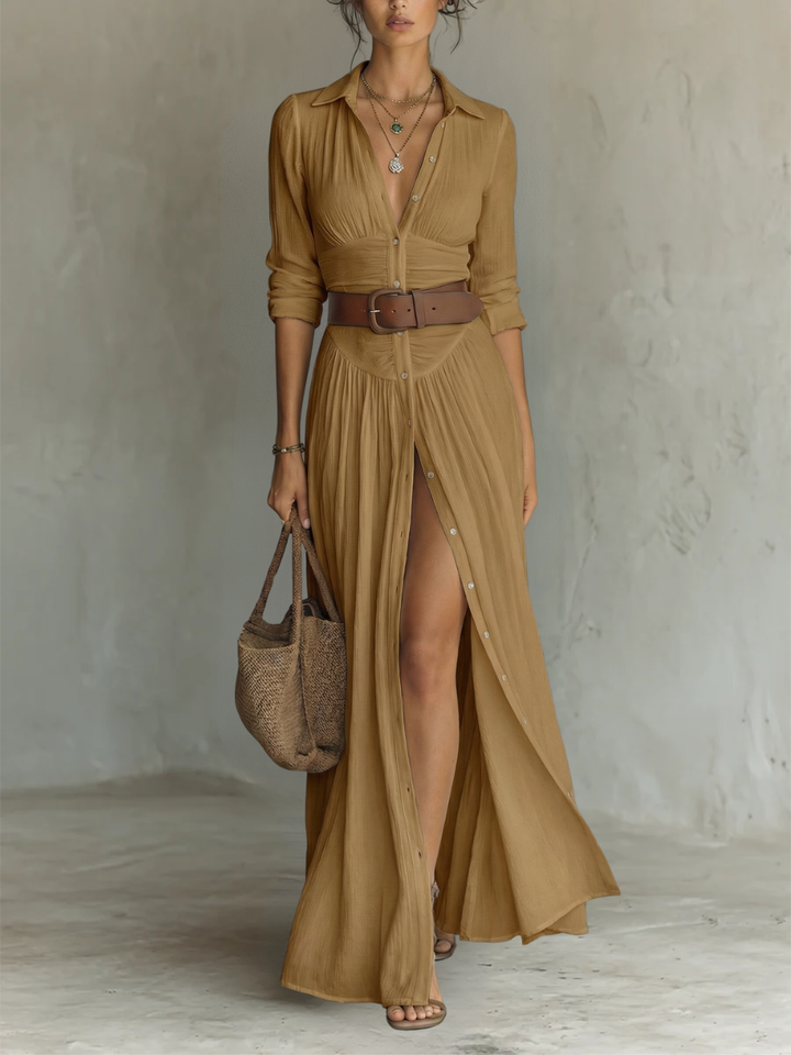 Effortless Maxi Dress for Women with Collared Button Front Long Sleeve Side Slit Bohemian Style