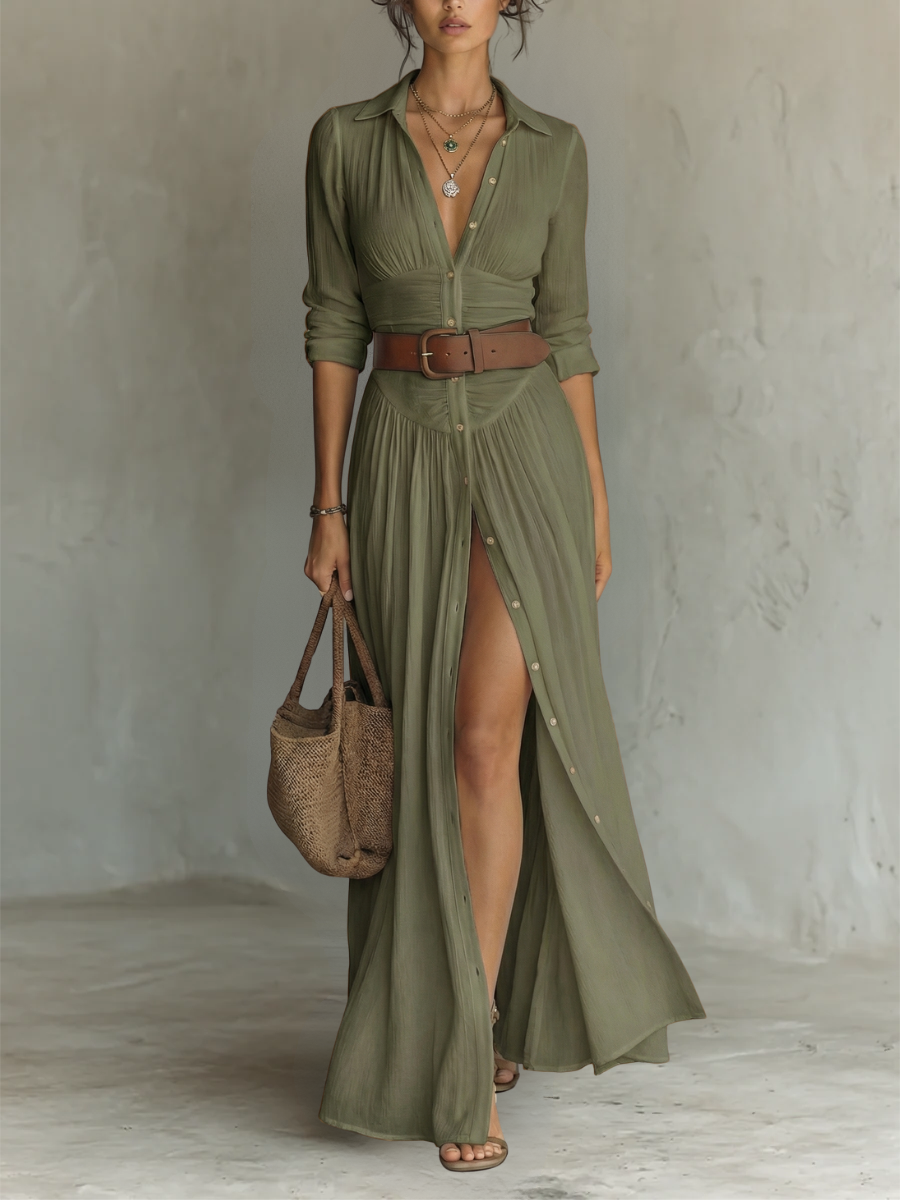 Effortless Green Maxi Dress with Collared Button Front Long Sleeve Side Slit Bohemian