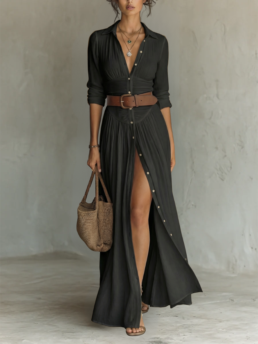 Effortless Black Maxi Dress with Collared Button Front Long Sleeve Side Slit Bohemian
