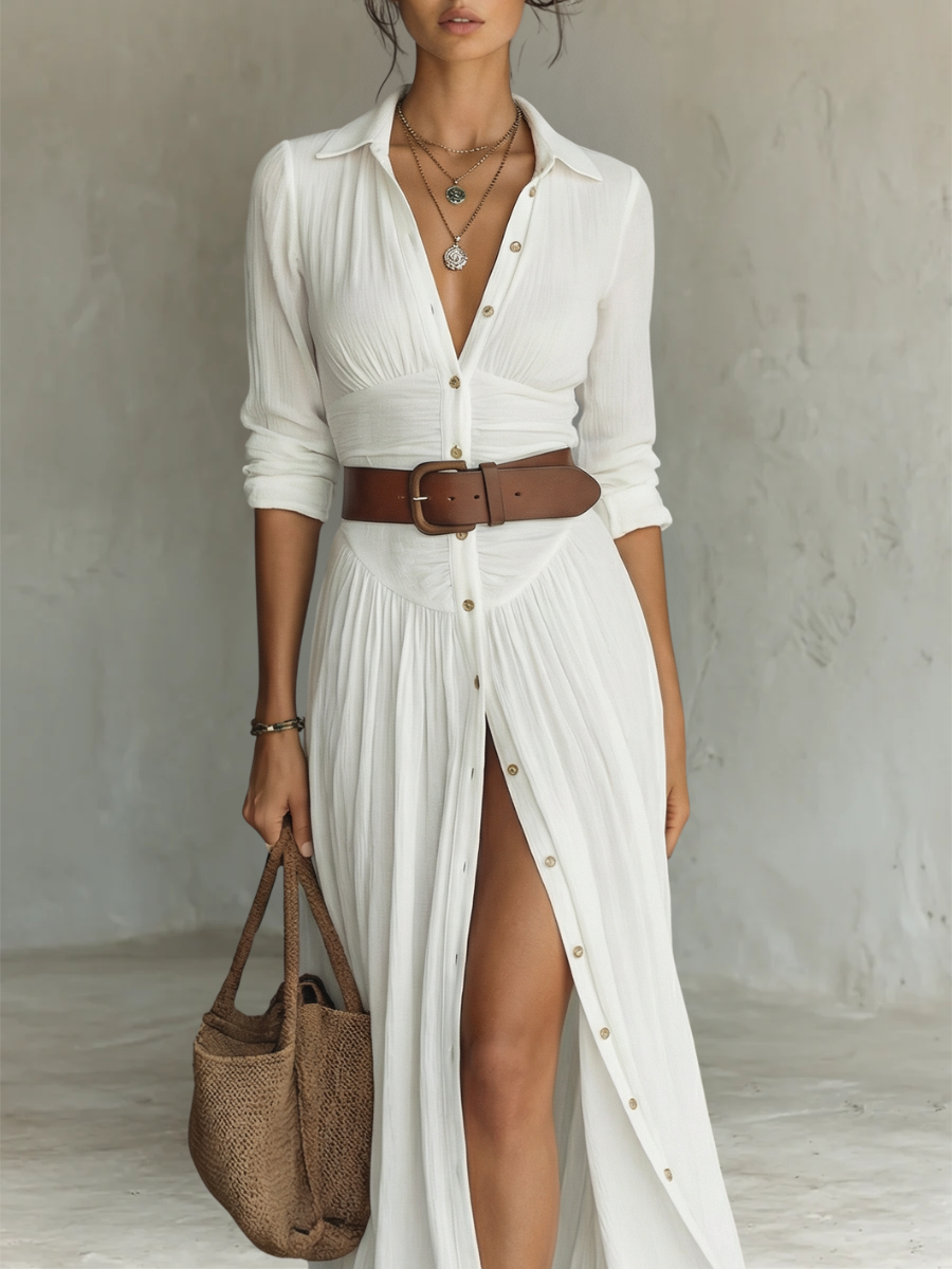 Effortless Maxi Dress for Women with Collared Button Front Long Sleeve Side Slit Bohemian Style