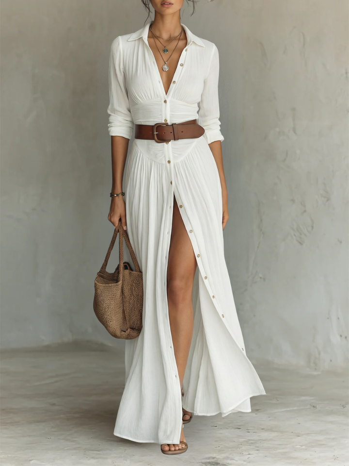 Effortless Maxi Dress for Women with Collared Button Front Long Sleeve Side Slit Bohemian Style