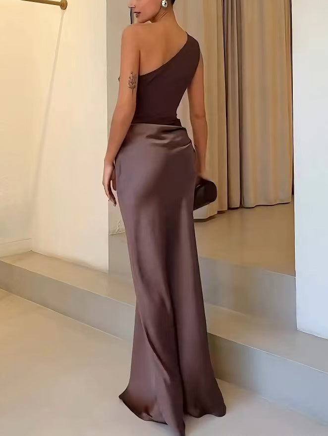 Elegant Satin Maxi Dress with One Shoulder Ruched Waist Bias Cut Formal Wedding Guest