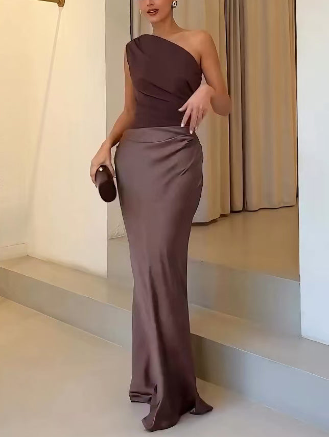 Elegant Satin Maxi Dress with One Shoulder Ruched Waist Bias Cut Formal Wedding Guest