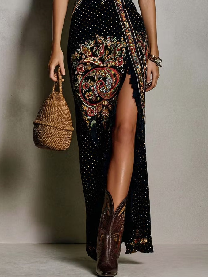Bohemian Style Printed Dress with Deep V-Neck and High Slit