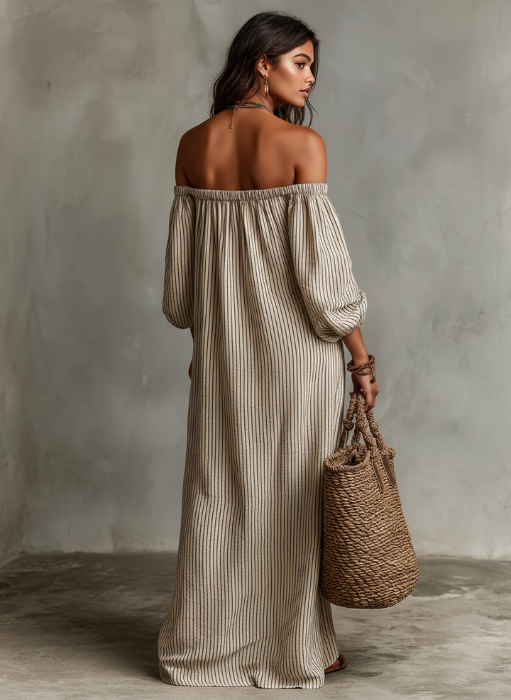 Effortless Striped Linen Maxi Dress with Off Shoulder Puff Sleeve Flowing Casual Summer