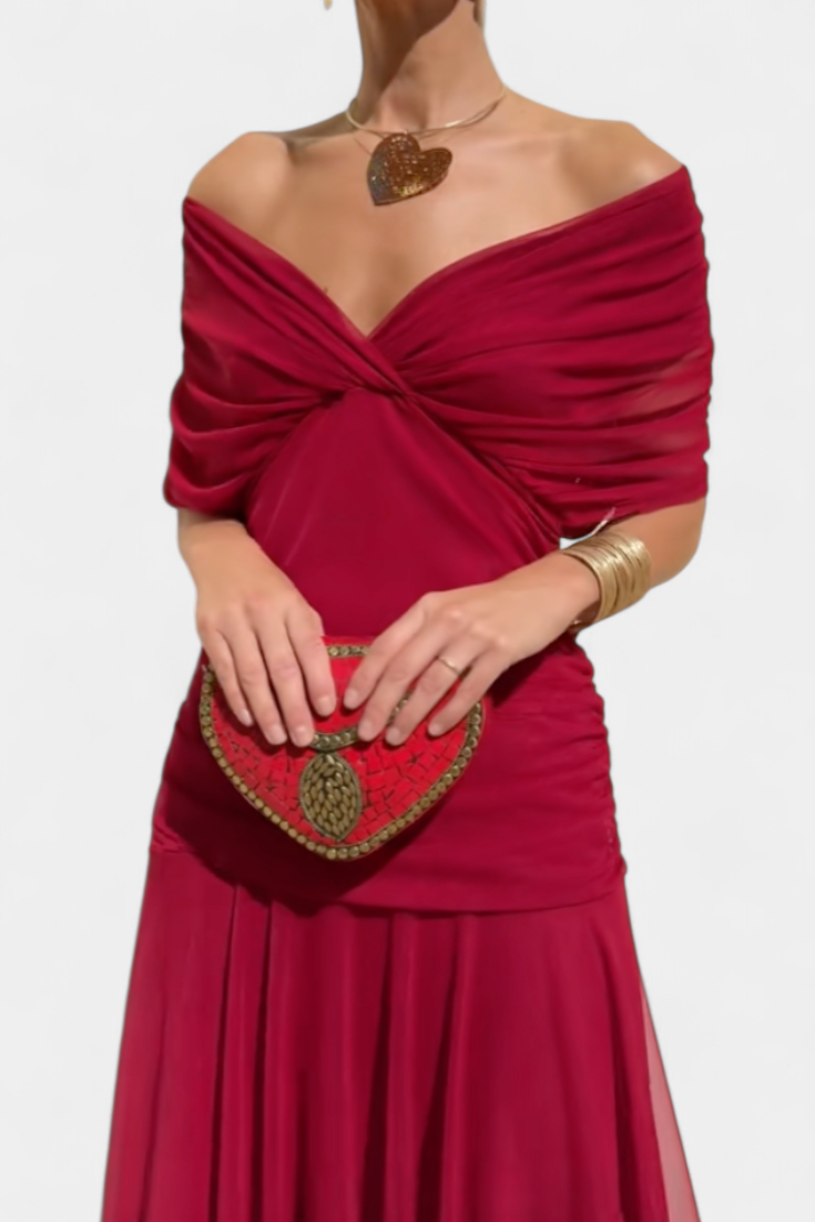 Elegant Red Chiffon Maxi Dress with Off Shoulder Draped Twist Bodice Wedding Guest