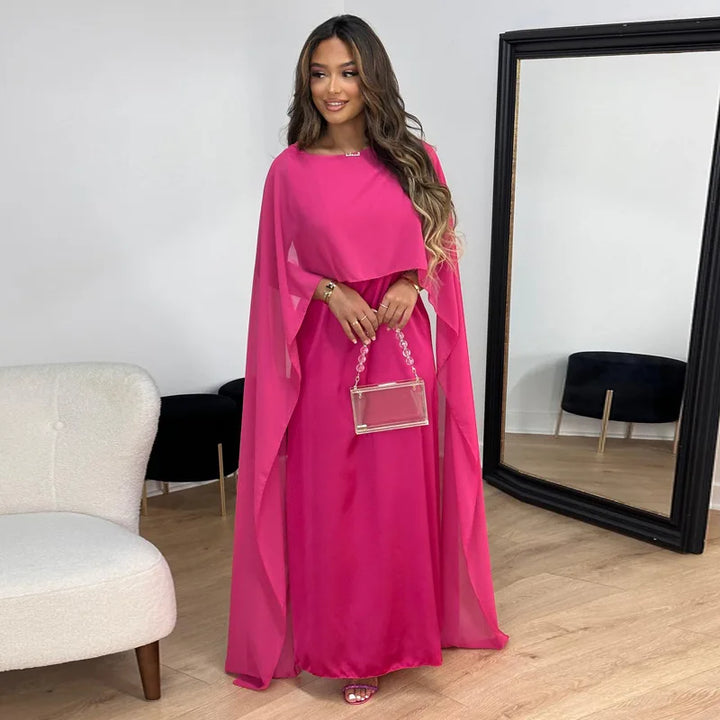 Elegant Satin Maxi Dress for Women with Boat Neck Cape Sleeve Flowing Kaftan Style