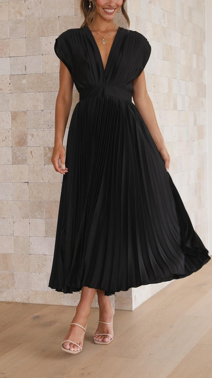 Elegant Pleated Maxi Dress with Deep V-Neck Accordion Pleat Formal Wedding Guest