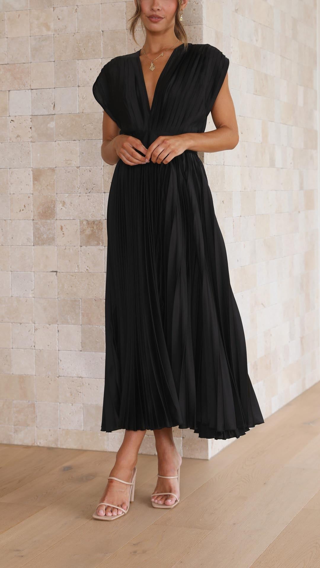 Elegant Pleated Maxi Dress with Deep V-Neck Accordion Pleat Formal Wedding Guest