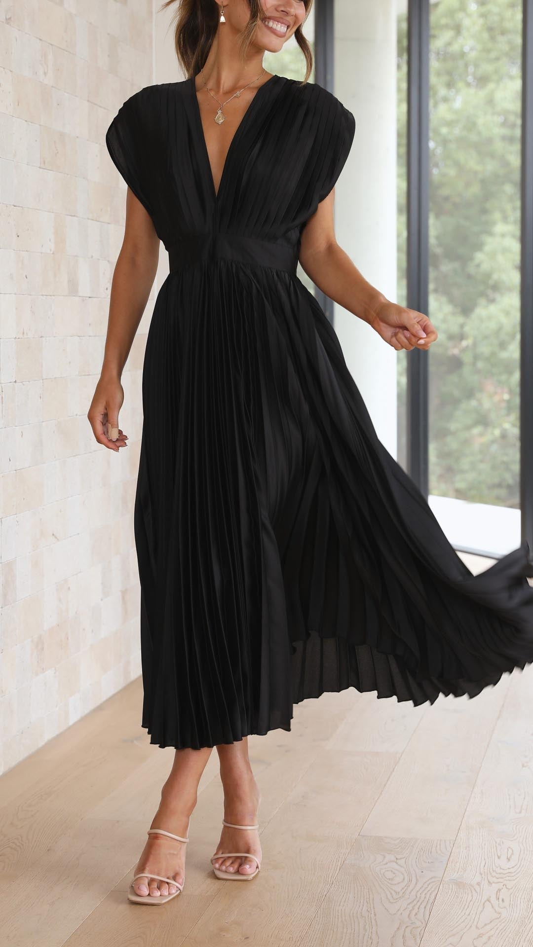 Elegant Pleated Maxi Dress with Deep V-Neck Accordion Pleat Formal Wedding Guest