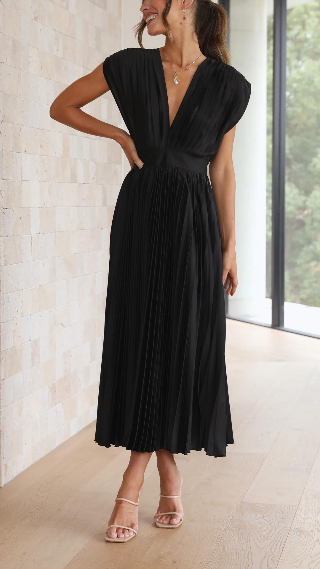 Elegant Pleated Maxi Dress with Deep V-Neck Accordion Pleat Formal Wedding Guest