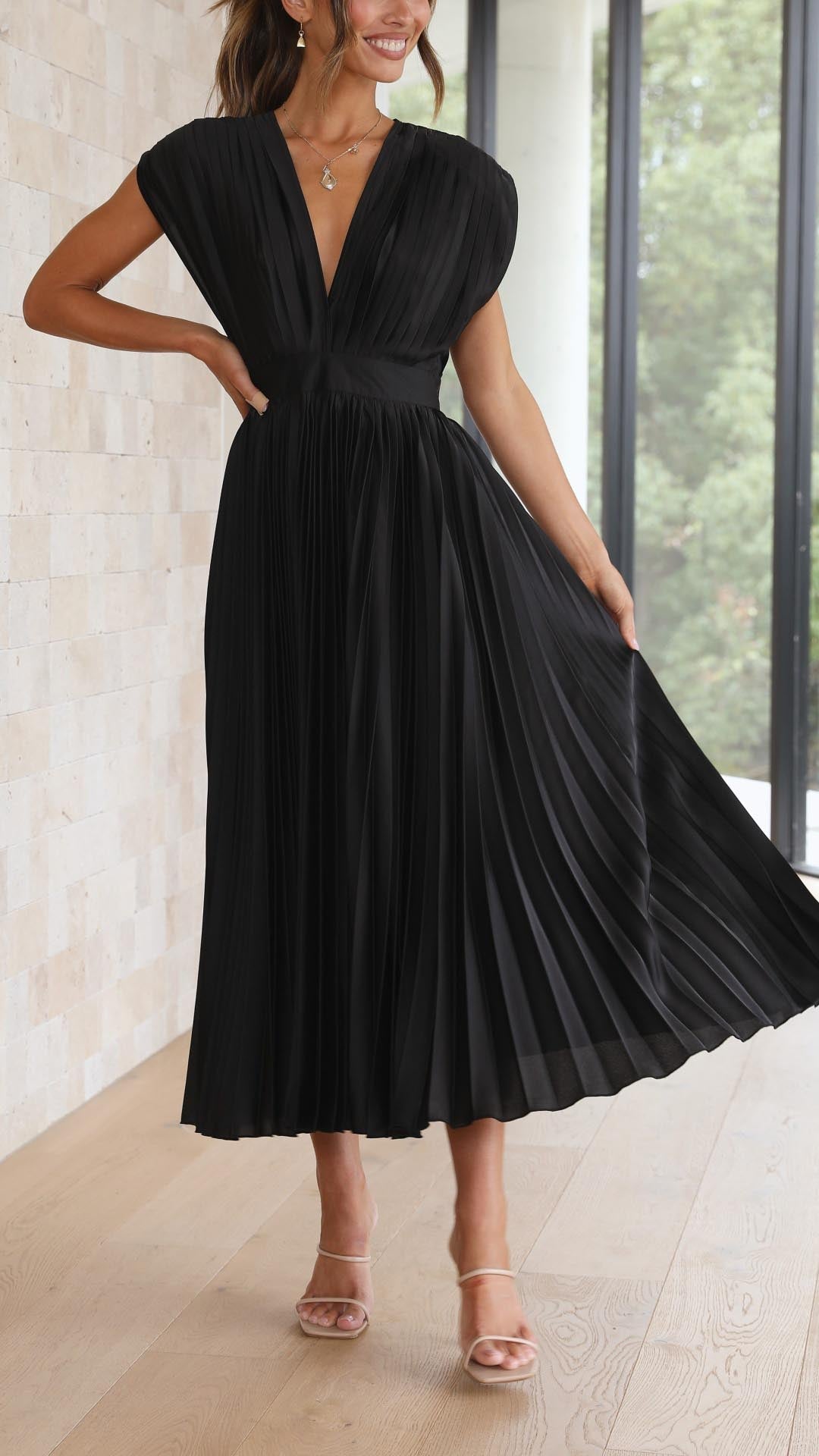 Elegant Pleated Maxi Dress with Deep V-Neck Accordion Pleat Formal Wedding Guest