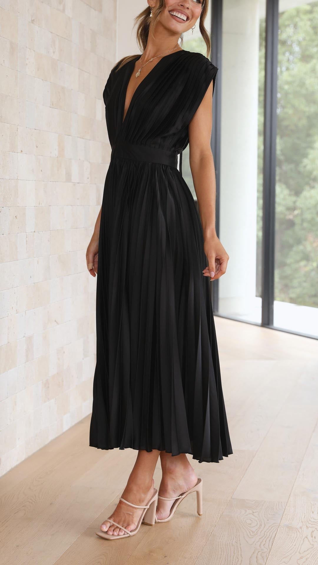 Elegant Pleated Maxi Dress with Deep V-Neck Accordion Pleat Formal Wedding Guest