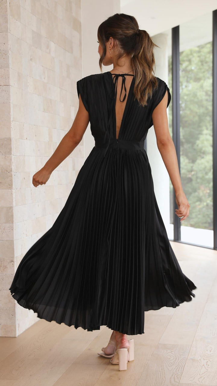 Elegant Pleated Maxi Dress with Deep V-Neck Accordion Pleat Formal Wedding Guest