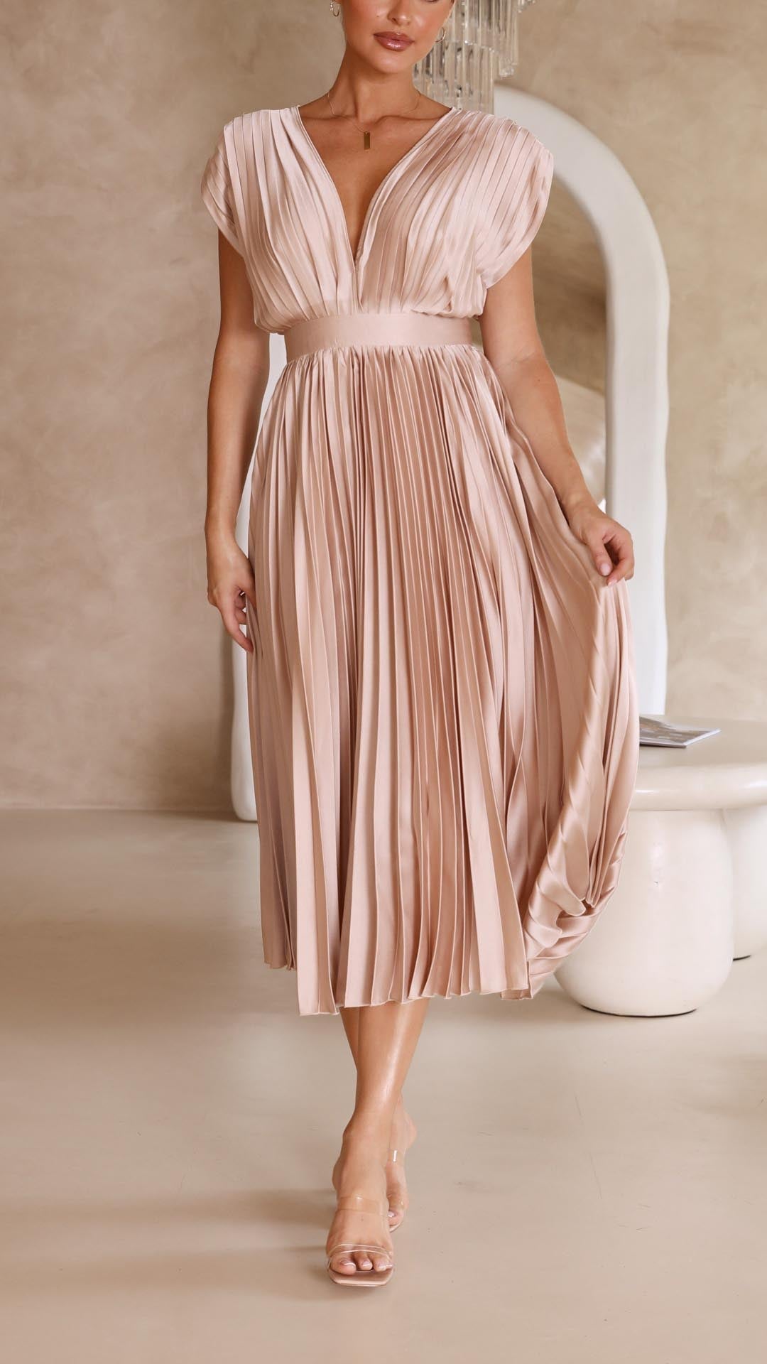 Elegant Pleated Maxi Dress with Deep V-Neck Accordion Pleat Formal Wedding Guest