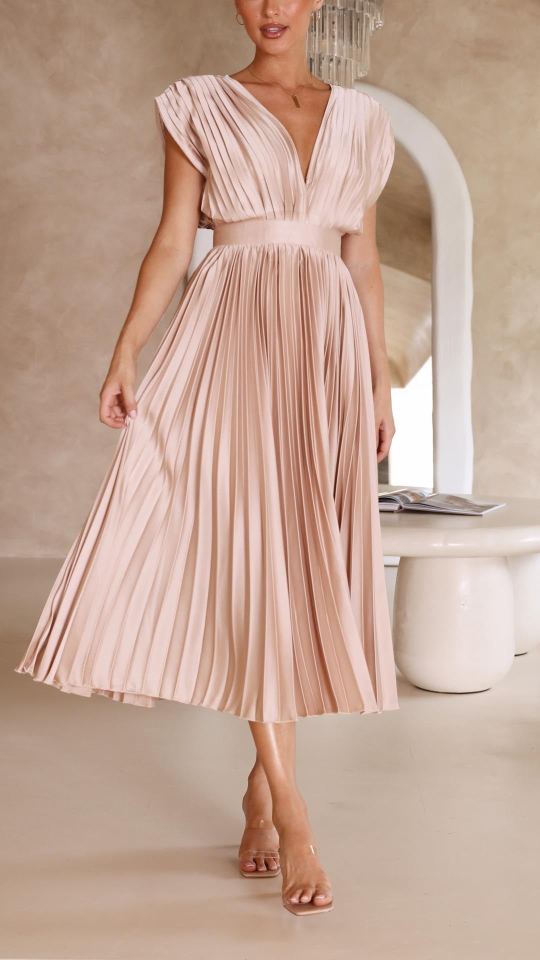 Elegant Pleated Maxi Dress with Deep V-Neck Accordion Pleat Formal Wedding Guest