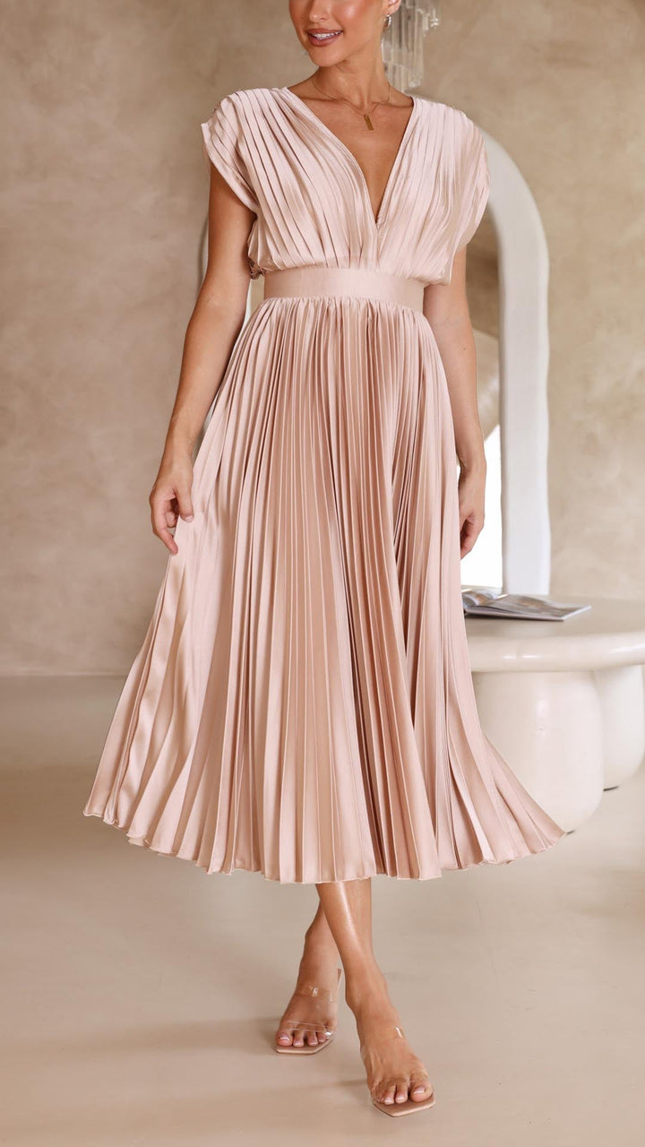 Elegant Pleated Maxi Dress with Deep V-Neck Accordion Pleat Formal Wedding Guest