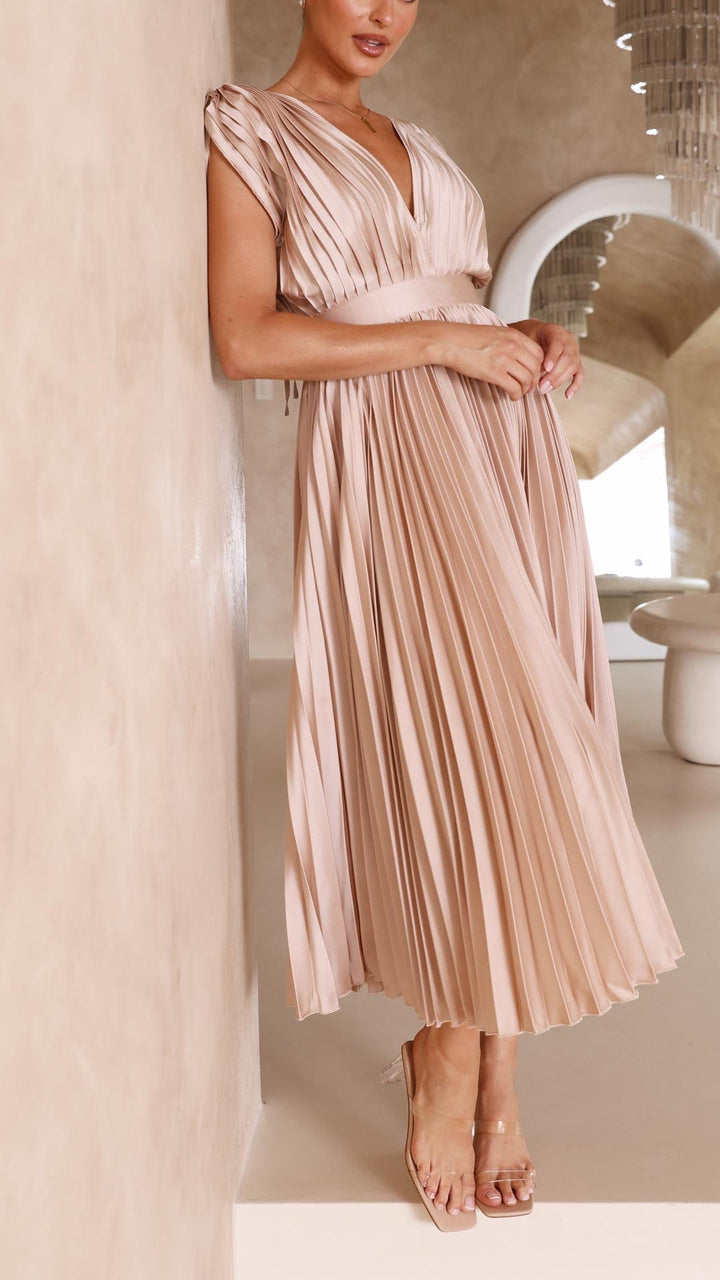 Elegant Pleated Maxi Dress with Deep V-Neck Accordion Pleat Formal Wedding Guest