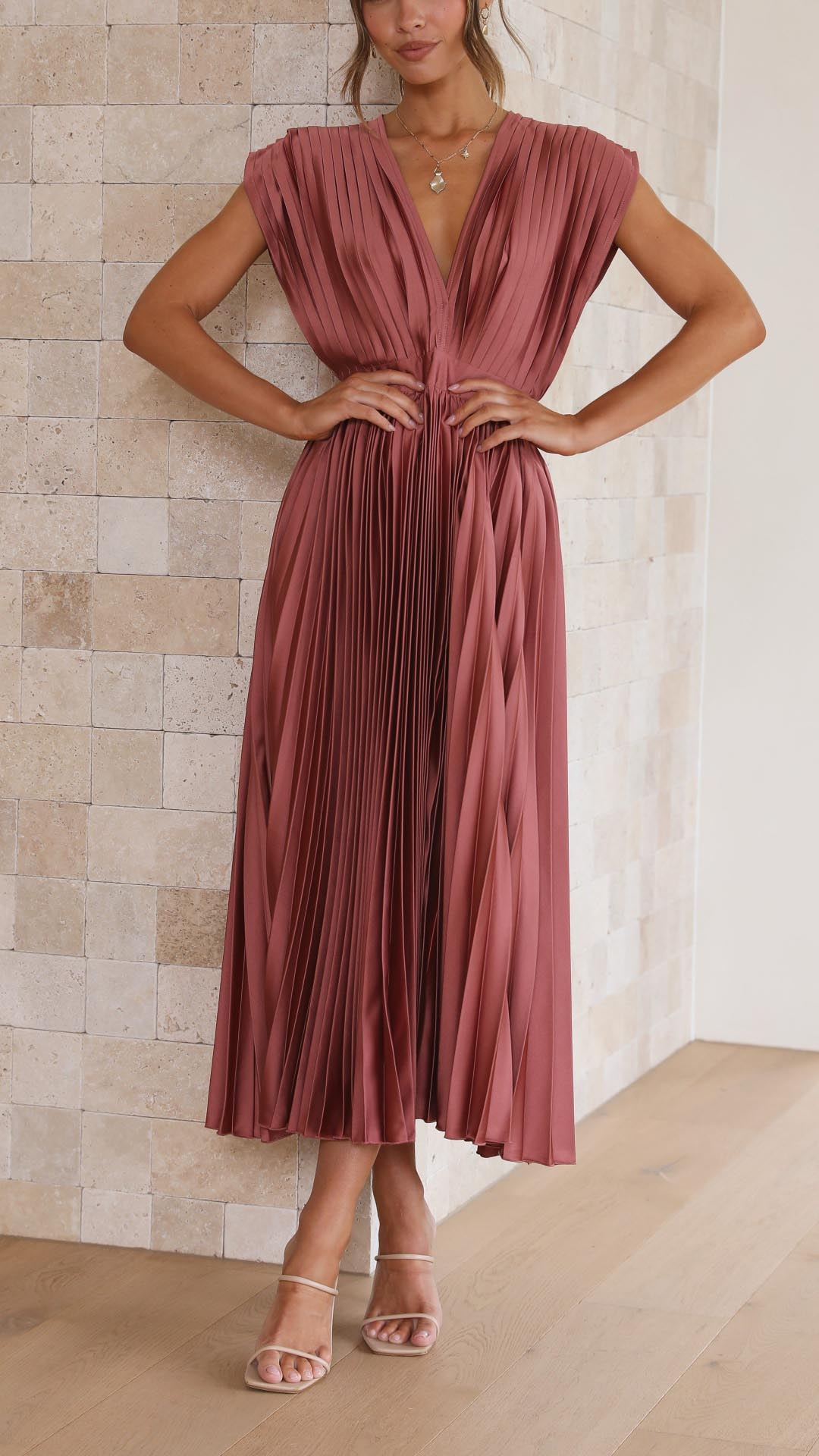 Elegant Pleated Maxi Dress with Deep V-Neck Accordion Pleat Formal Wedding Guest